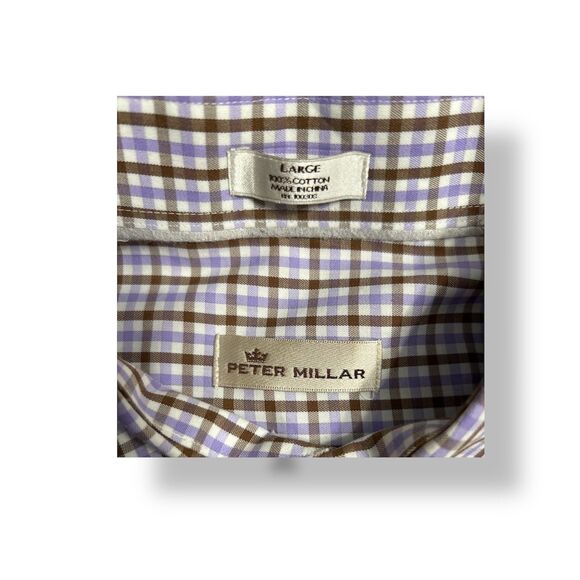 Peter Millar Men's Large Brown Purple Plaid Cotton Long Sleeve Button Down Shirt - Picture 6 of 8